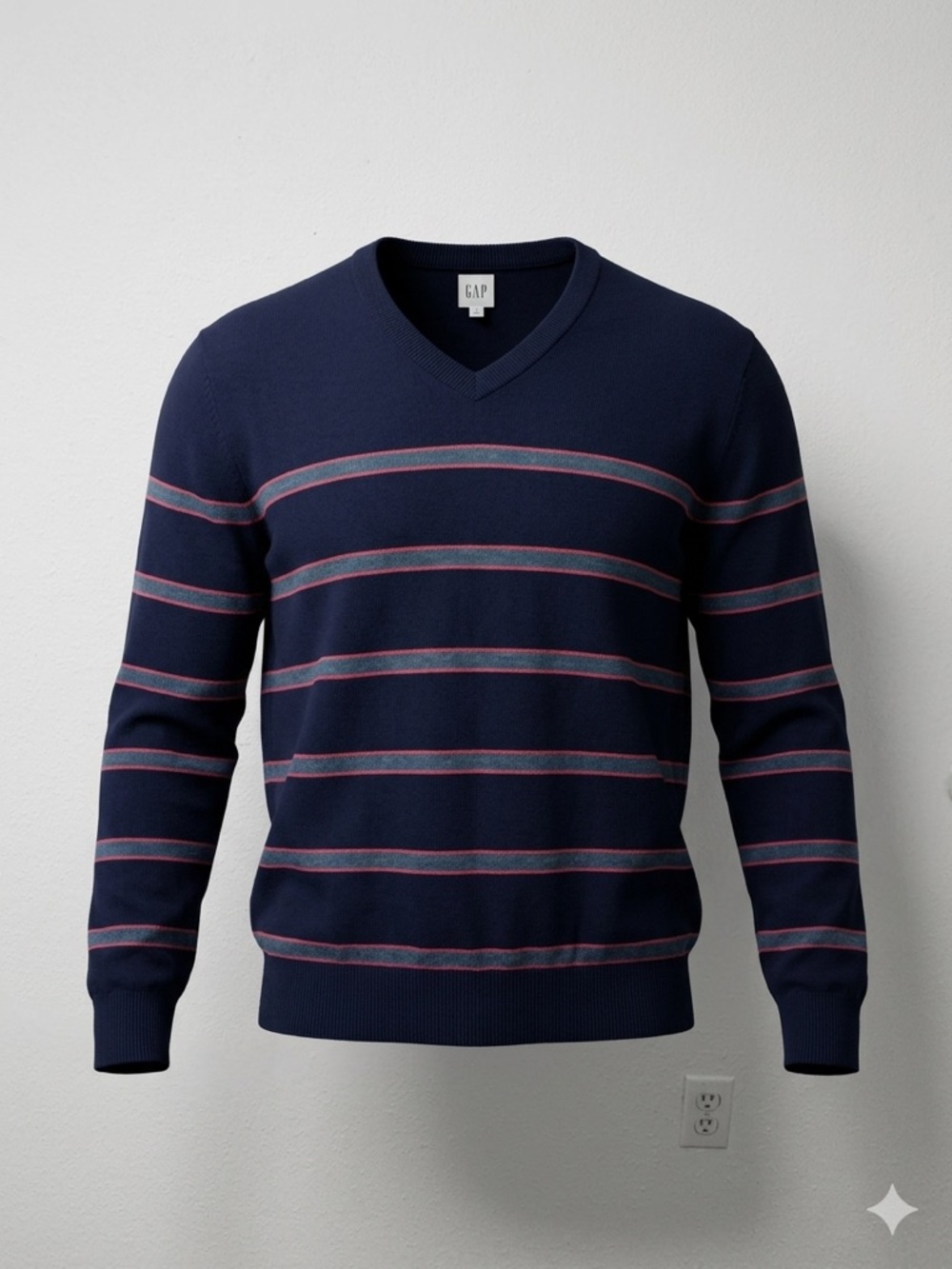 GAP Men's Navy Blue Striped V-Neck Sweater - Size L